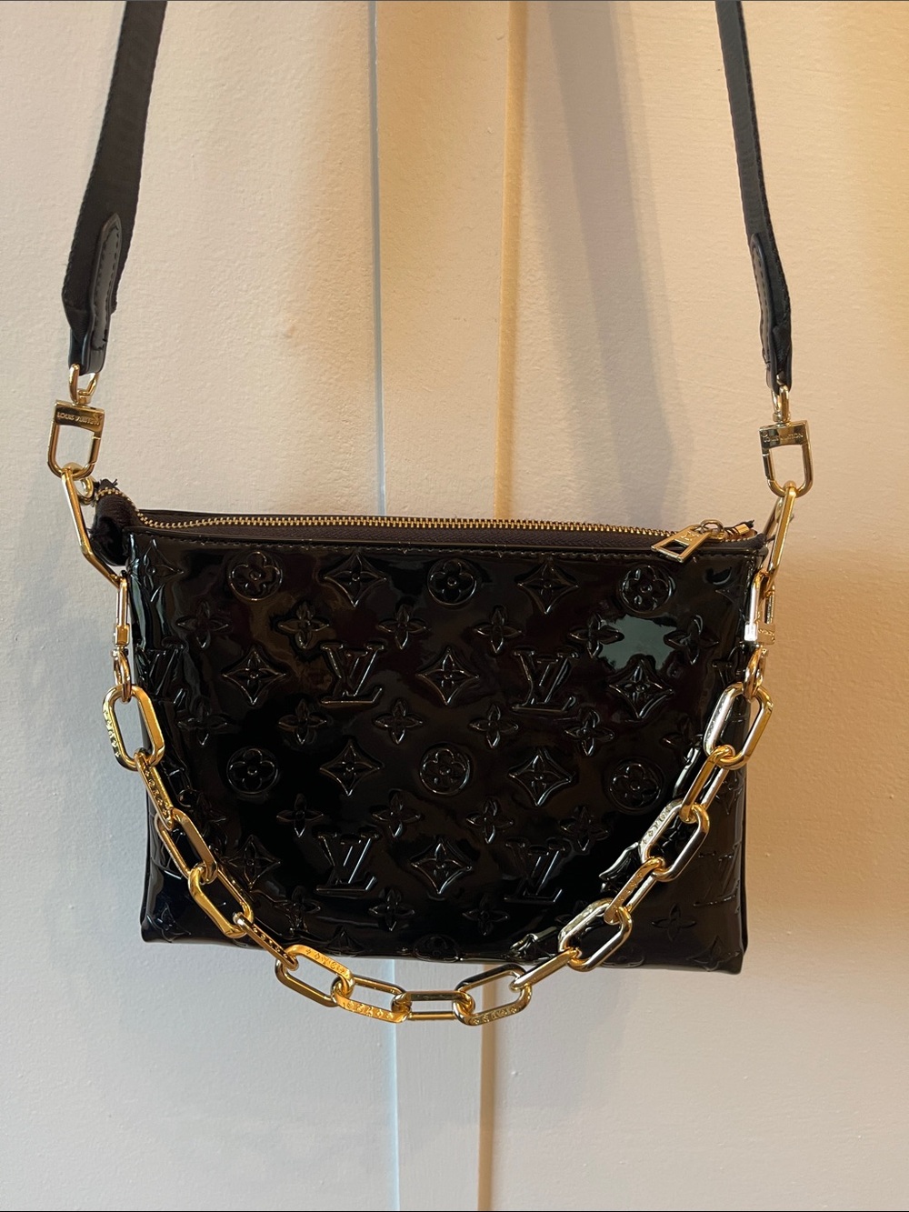 Shiny Black Monogram Crossbody with Gold Chain